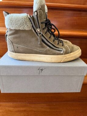 Giuseppe Zanotti Olive Suede Shearling Zip-Front High-Tops